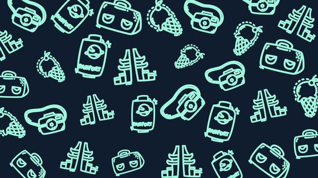 Seamless Digital Pattern Featuring Travel Icons and Accessories in Dark Themed Graphic Design with Repetitive Layout