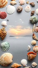 Seashells framing a vibrant ocean sunset, creating a coastal vignette