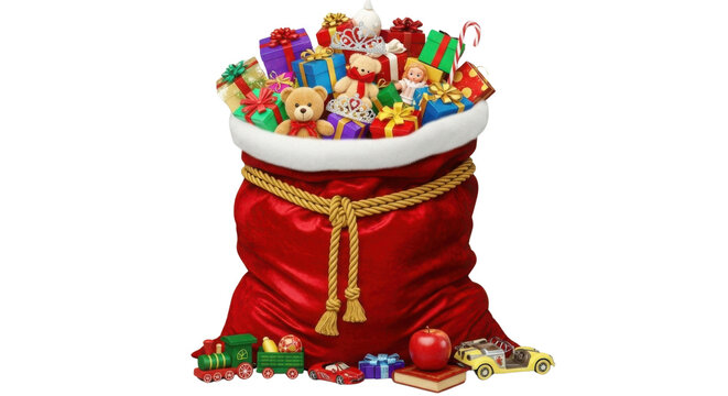 Santa's red bag overflowing with Christmas gifts isolated PNG with Transparent Background