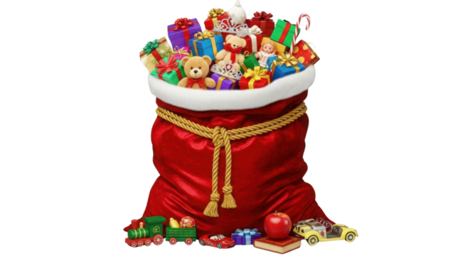 Santa's red bag overflowing with Christmas gifts isolated PNG with Transparent Background