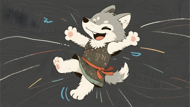 Joyful cartoon wolf in midair leap