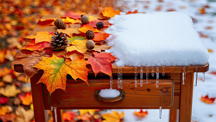 Autumn maple leaves in vibrant orange and red hues falling in gentle rain, seasonal close-up
