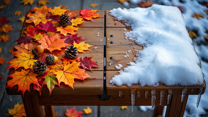 Autumn maple leaves in vibrant orange and red hues falling in gentle rain, seasonal close-up
