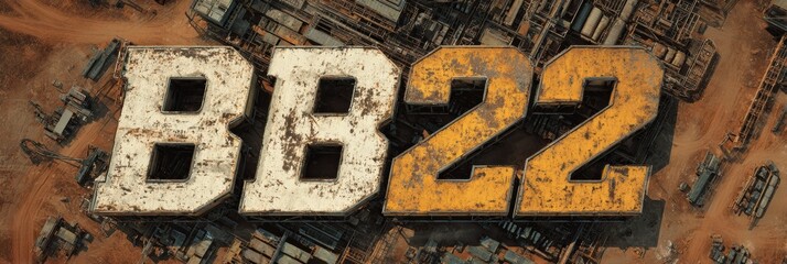 BB22 stands out against a backdrop of rusting machinery and dusty ground, reflecting an industrial site under a bright sky, showcasing decay and time.