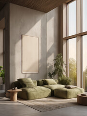 Vertical poster mockup in a modern minimalist living room with tall concrete walls and large floor-to-ceiling windows