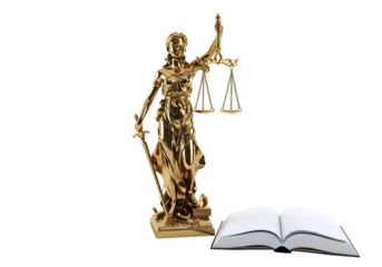 Golden statue of lady justice holding scales and sword with open book isolated on transparent background