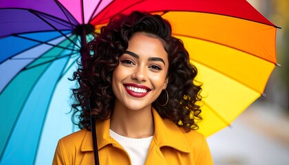 Smiling woman with curly hair holds a colorful umbrella