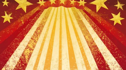 Festive star-studded spotlight effect with radiating red and yellow stripes