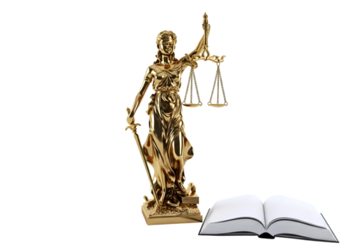 Golden statue of lady justice holding scales and sword with open book isolated on transparent background