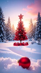Snowy scene with a vibrant red tree and ornaments, setting sun