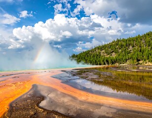 Geothermal landscape with rainbow, hot spring