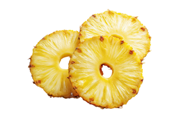 Three slices of golden pineapple, overlapping, showing the concentric rings and edible flesh