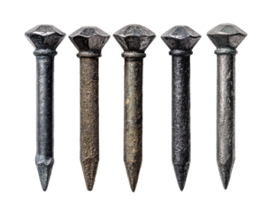 Five antique-looking nails, varied in patina