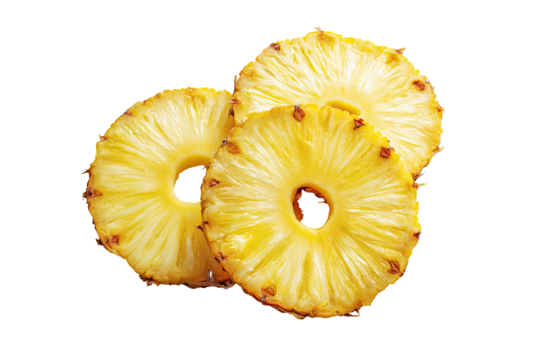Three slices of golden pineapple, overlapping, showing the concentric rings and edible flesh