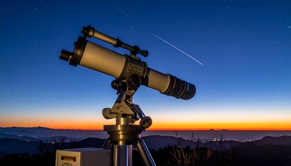 Telescope poised at dusk, capturing meteors under a star-filled sky