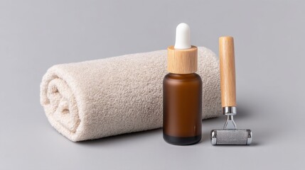 Naklejka premium Exquisite Beauty Treatment Setup Featuring Serum Dropper and Roller Next to Soft Towel for Skincare Routine Enhancement