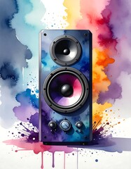 Tower speaker rendered in watercolor with colorful background