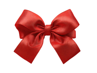 A vibrant red satin ribbon bow, sharply focused against a black background.  The bow is symmetrical, with a central knot and flowing loops of ribbon.  Its surface is smooth and glossy