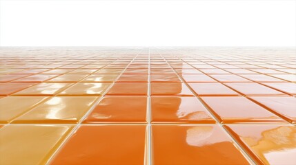 Orange and yellow gradient floor tiling surface reflecting light on a white background for product display. Bright abstract background.