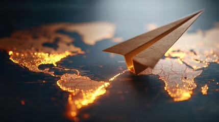 Brown paper airplane flying over an illuminated world map. Global travel and connection concept for international business.