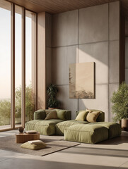 Vertical poster mockup in a modern minimalist living room with tall concrete walls and large floor-to-ceiling windows