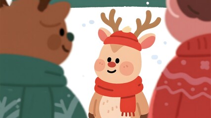 Fototapeta premium Reindeer wearing red hat and scarf