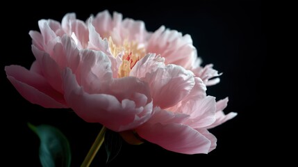 Pink peony flower with delicate petals blooming on a dark background. Concept of natural beauty, tranquility, and elegance for floral designs.