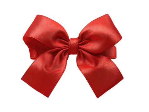 A vibrant red satin ribbon bow, sharply focused against a black background.  The bow is symmetrical, with a central knot and flowing loops of ribbon.  Its surface is smooth and glossy
