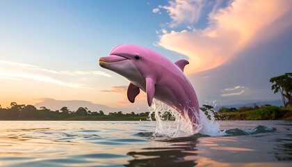 Vibrant pink dolphin leaping from shimmering water against sunset sky