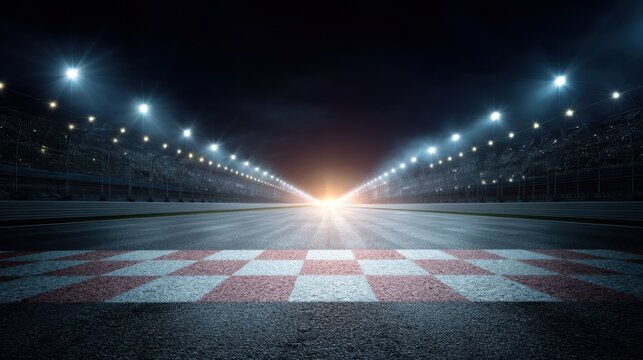 Empty racing track with checkered finish line and bright stadium lights at night during a competition, representing speed, challenge and victory.
