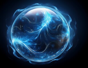 glowing blue energy orb with swirling smoke and mist inside sphere on black background abstract fluid plasma light effect