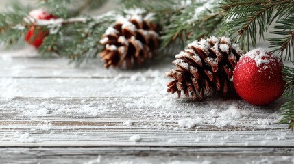 Christmas decoration on white wooden background with snowy pine branch, pine cone, and red ornament. Winter holiday design for greeting card or banner template.