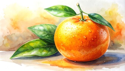 Watercolor painting of a wet orange with green leaves against a warm backdrop