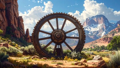 Giant gear wheel in desert landscape, mountains beyond