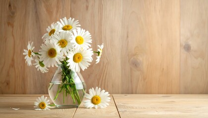 White daisies in a clear vase on a wooden surface, sunlight illuminates
