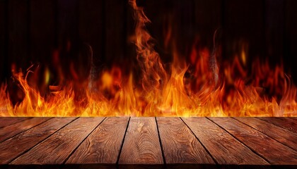 empty wooden table with fiery background for spicy cuisine promotion