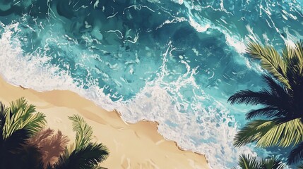 Aerial view of a tropical beach with turquoise waves crashing on golden sand, framed by palm leaves