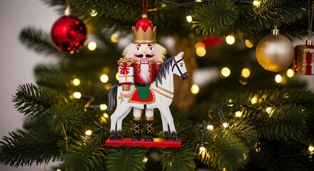 Obraz premium Decorative Christmas Nutcracker Ornament Hanging on Evergreen Tree with Lights and Baubles