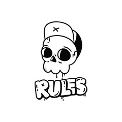 Cool skull wearing cap with graffiti text rules dripping style street art t-shirt design