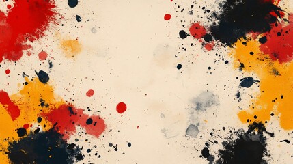 Abstract splashes of red, yellow, and black paint on a textured cream background
