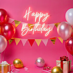 An elegant Happy Birthday greeting card featuring a refined floral arrangement intertwined with pastel balloons, captured in a bright, airy atmosphere. The composition showcases del
