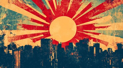 Grungy sunburst over dark city skyline, abstract, distressed, retro