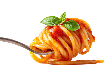 Forkful of spaghetti with tomato sauce and basil