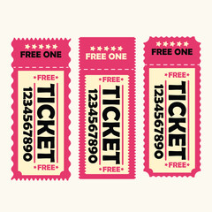 Three Pink Free Ticket Coupons with Stars and Numbers Keywords: ticket, coupon, free, free one
