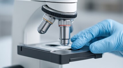 Researchers Studying GLP Peptide Samples Under Microscope with Hand on Slide Glass Plate in Laboratory Setting