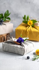 Gift wrapping with fabric and flowers