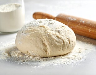 Fototapeta premium Close-up of dough ball dusted with flour, rolling pin nearby, with jar of flour in background on a light surface