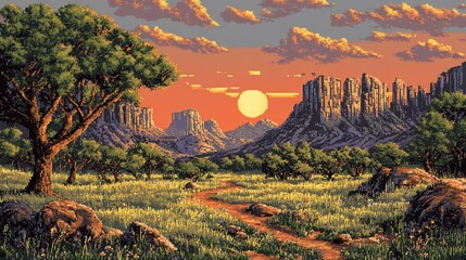 Pixelated vista of a rocky desert landscape at sunset with scattered trees