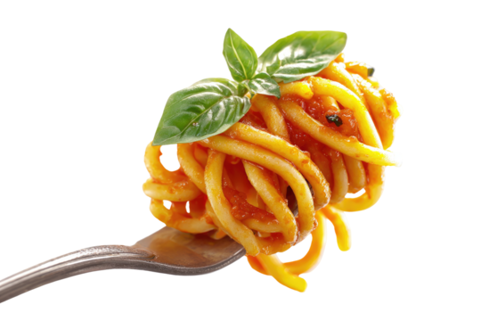 Forkful of spaghetti with tomato sauce and basil (1)