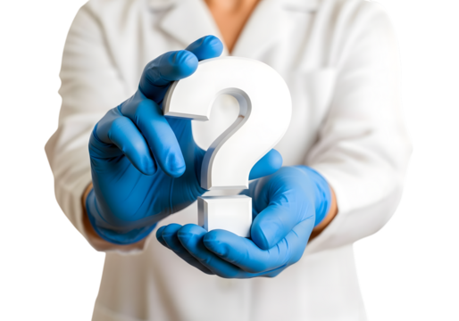 Doctor wearing blue gloves holding a large white question mark isolated on transparent background